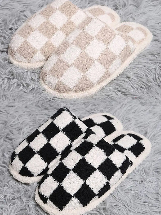 Checkered Fleece Plush Warm Slippers