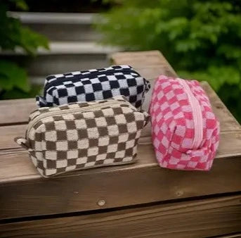 Checkered & Solid Color Makeup Cosmetic Pouch Bag